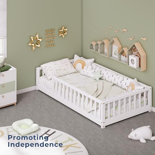 Twin Montessori Floor Bed Frame with Guardrails, Solid Wood Kids Bed