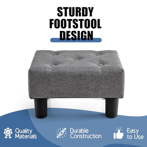 Linen Small Footstool Ottoman with Storage and Solid Wood Legs, Gray
