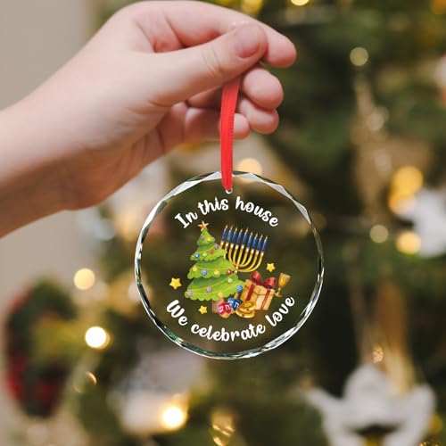 Hanukkah Christmas Ornament with Menorah & Dreidel - Crystal Hanuka Decoration