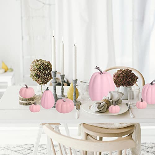 8-Piece Pink Artificial Pumpkin Set, Lifelike Foam Fall Table Decor
