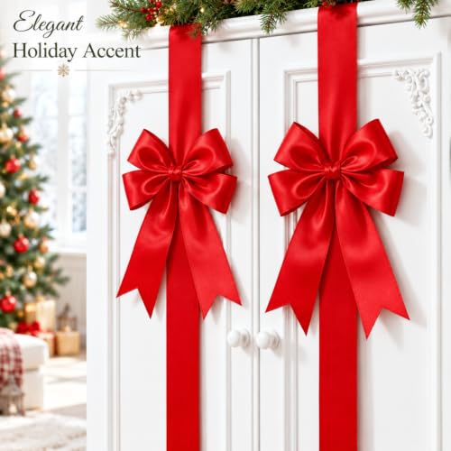 WILLBOND Red Satin Christmas Cabinet Bows - Set of 12 Holiday Kitchen Decor