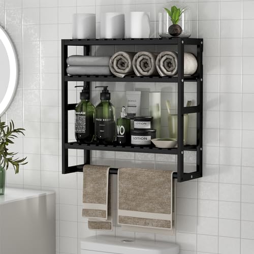 PPN Adjustable Bamboo Bathroom Wall Shelf with Towel Bar - Black Floating Rack