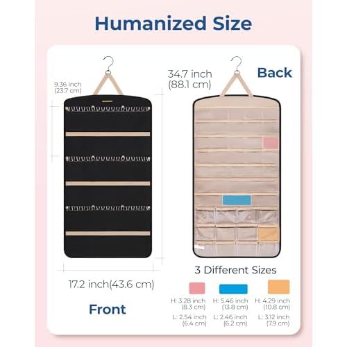 BAGSMART Hanging Jewelry Organizer, Necklace Holder Anti-tangle Earrings Rings Hanger with Pockets Hang on Closet, Wall, Door,1 Piece, Extra Large Black