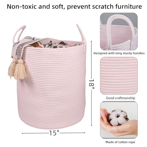 Pink Cotton Rope Laundry Basket - Tall Woven Nursery Hamper for Toys & Blankets