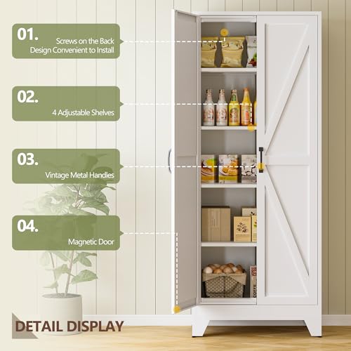 75" Farmhouse Metal Pantry Cabinet with Barn Doors and Adjustable Shelves