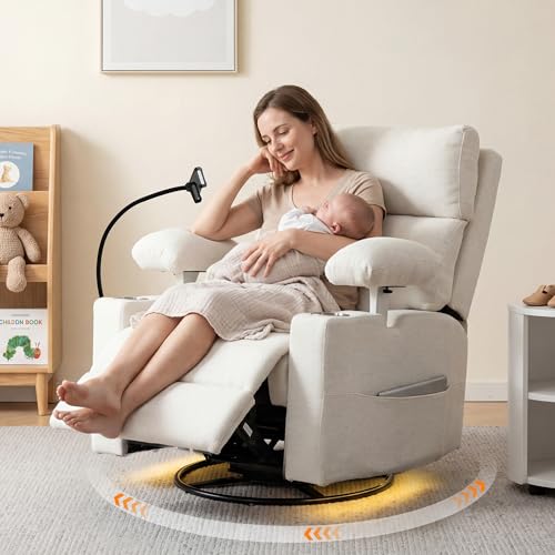 Electric Nursery Glider Recliner with Lumbar Support, Swivel and Rocking