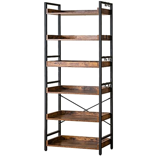 6-Tier Adjustable Industrial Bookcase with Storage Hooks, Rustic Wood