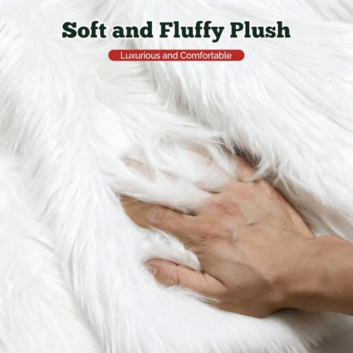 iMucci Wool Fur 60 Inch Christmas Tree Skirt - Large White Plush Snowy Faux Fur