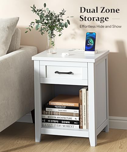 Set of 2 Farmhouse Nightstands with Charging Station, USB Ports & Drawer