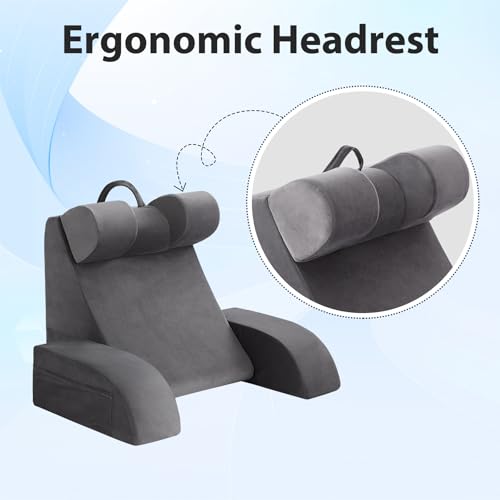 19" Reading Pillow with Back Support and Side Pockets - Grey