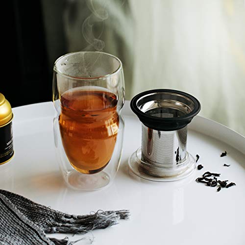 BTaT Double Wall Glass Tea Cups 16 oz (2 Pack) with Stainless Steel Infuser & Lid - Modern Borosilicate Tea Mug for Loose Leaf & Tea Bags
