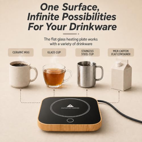 Defashun Square Wood Grain Coffee Mug Warmer for Desk - 3 Temp Settings, Auto Shut-Off