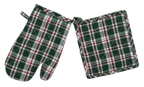 Serafina Home Green Red White Tartan Christmas Pot Holder & Oven Mitt Set