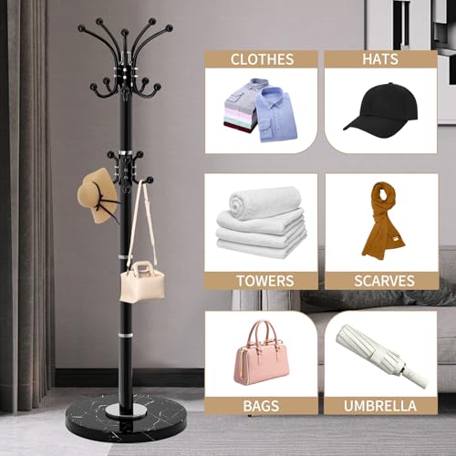 Heavy Duty 360° Rotating Coat Rack Stand with Natural Marble Base, 16 Hooks