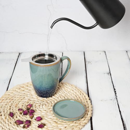 Bosmarlin Pale Green Ceramic Tea Mug with Infuser & Lid, 13.5 Oz, Dishwasher & Microwave Safe