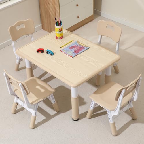 Hulaibit Toddler Table & Chairs Set with Graffiti Desktop - Height-Adjustable Kids Study Furniture, Burlywood Wood Grain