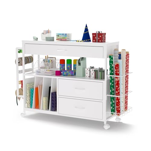 Wrapping Paper Storage Cart with Wooden Drawers and Ribbon Holder White