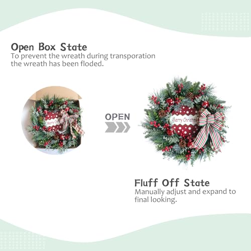 TEMPUS 22-inch Frosted Pine Wreath with Red Berries, Cones & Ribbon Bow