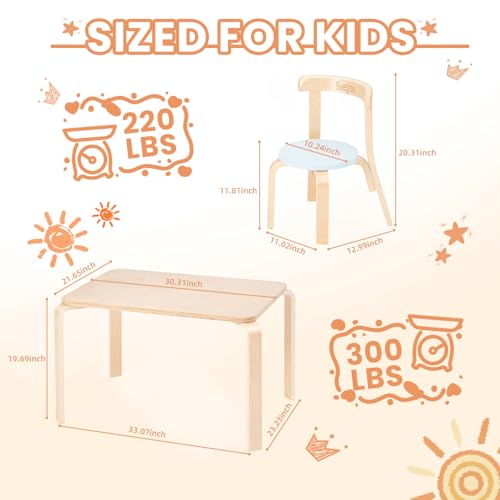 Kids Wooden Table and 4 Chairs Set - Natural & Pastels, Toddler Furniture for Playroom & Home