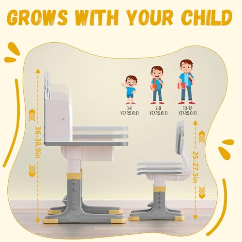 Height Adjustable Kids Study Desk and Ergonomic Chair Set with Storage