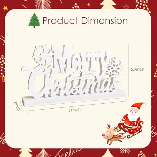 White Merry Christmas Sign - Rustic Wooden Holiday Decor with Snowflake Accents, Farmhouse Christmas Tabletop Decorations for Kitchen, Mantel & Dining Room (Includes 2 pcs Reindeer Sign)