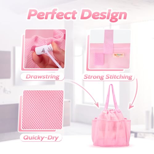 Mesh Shower Caddy Portable with Drawstring 8 Pockets Pink