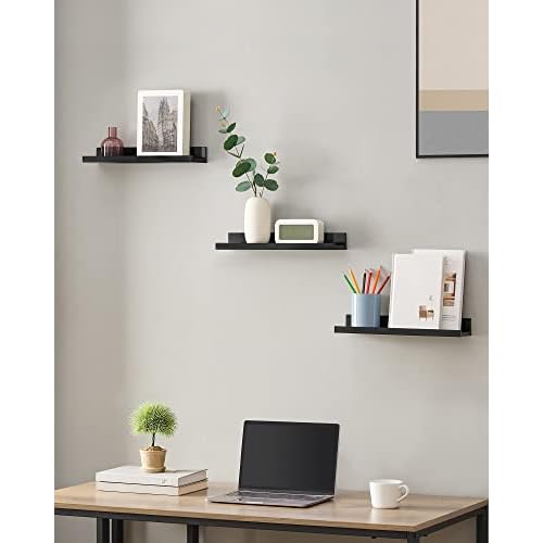 SONGMICS Floating Shelves, Set of 3 Wall Shelves, 15-Inch Wide, for Photo Frames and Trinkets, for Living Room, Home Office, Kitchen, Bathroom, Black ULWS38BK