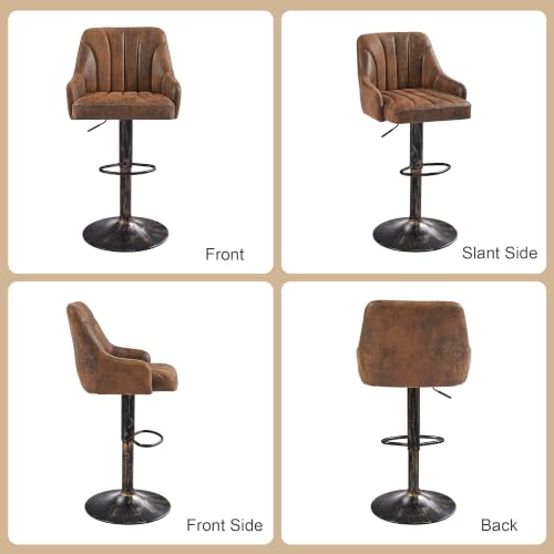 Adjustable Swivel Bar Stools with Back and Arms, Set of 2, Brown PU Leather