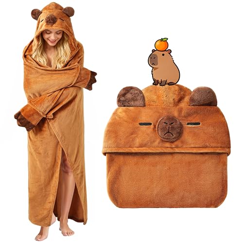 Capybara Wearable Blanket Hoodie with Sleeves - Soft Plush Loungewear