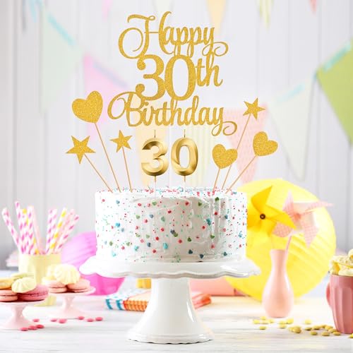 30th Birthday Cake Topper and Numeral Candle Set - Gold Glitter Decor