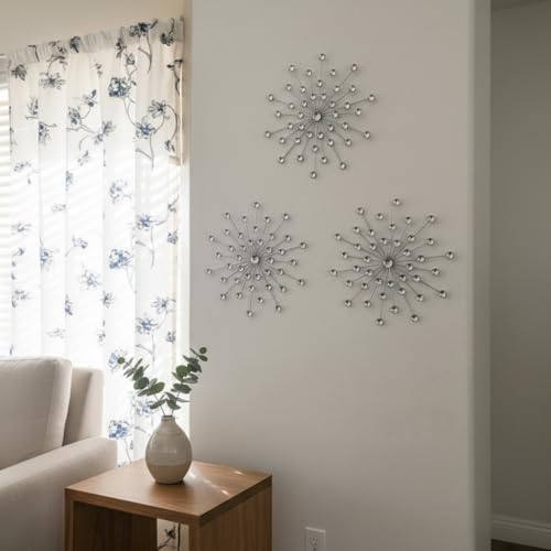Starburst Wall Art Set, 13-Inch Silver Metal Wall Decor with Crystal Accents