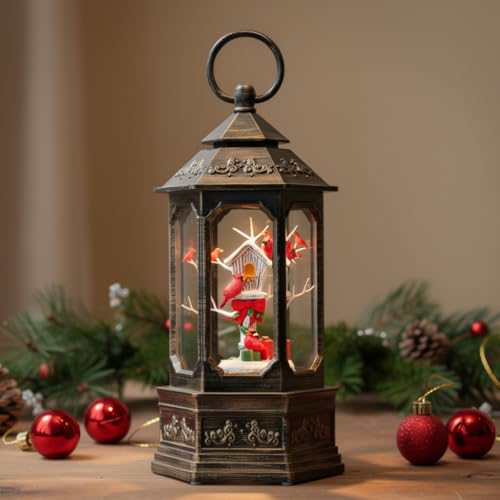 12-Inch Musical Christmas Snow Globe Lantern with Cardinals & LED Timer