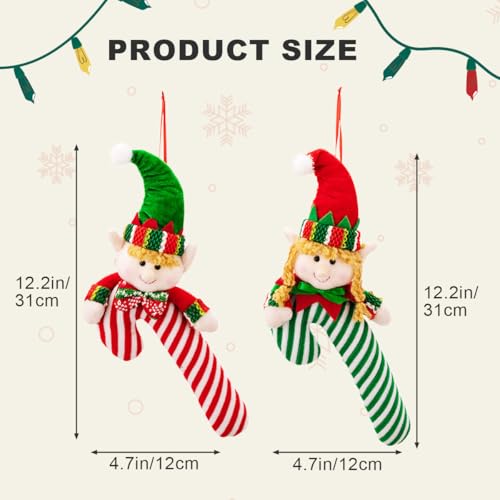 Elf Candy Cane Christmas Hanging Ornament - Plush Holiday Decor, Set of 2