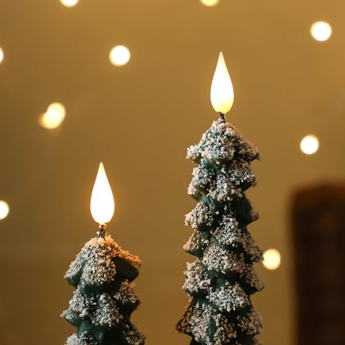 Green Christmas Flameless Tree Candles with Snowflakes - Remote, 4 Pack