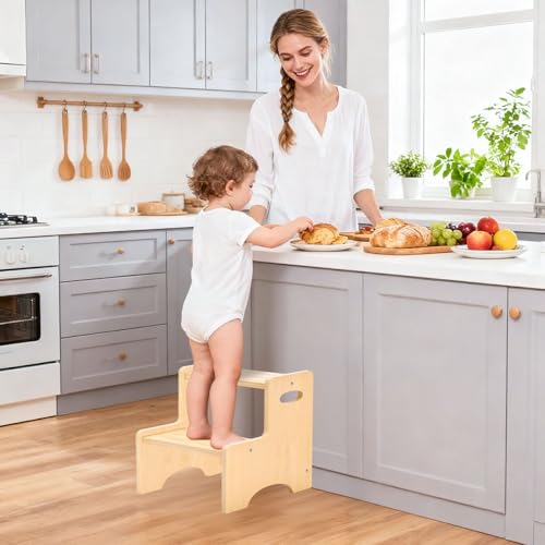 Wooden Two-Step Stool for Toddlers with Non-Slip Pads & Handles