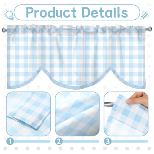 4-Piece Gingham Window Valance Set, Light Blue Rod Pocket Kitchen Curtains