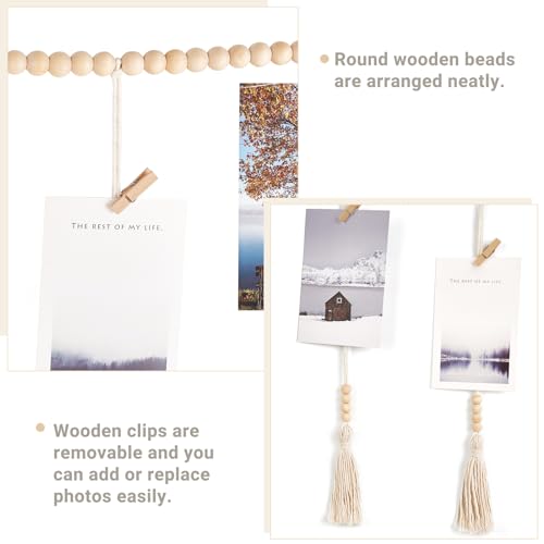 Macrame Wall Hanging Photo Display with 45 Clips and Wood Beads Garland