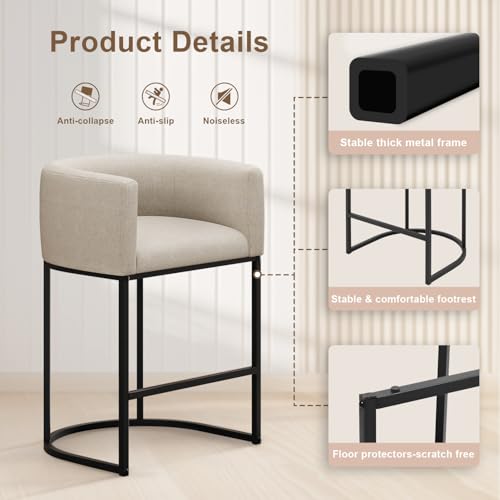 26-Inch Modern Barrel Counter Stools Set of 2, Linen Fabric Upholstered