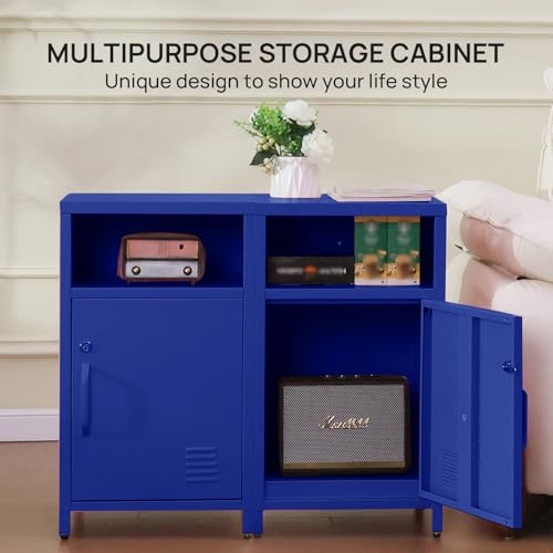 Metal Nightstand with Lockable Cabinet, Industrial Bedside Table in Blue
