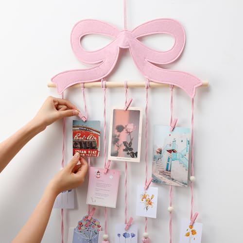Pink Bow Wall Photo Display, Macrame Picture Holder with 30 Clips