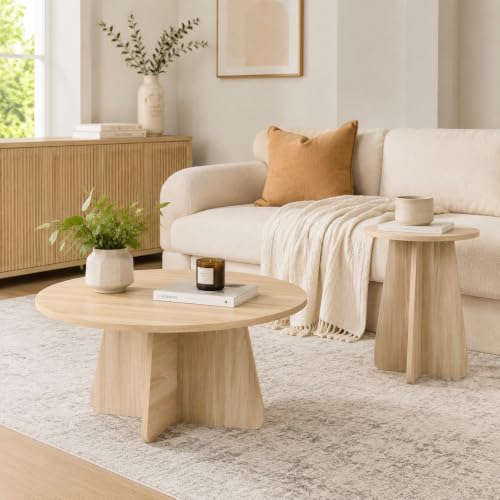 2-Piece Round Nesting Coffee Table Set, Mid-Century Modern Walnut Finish