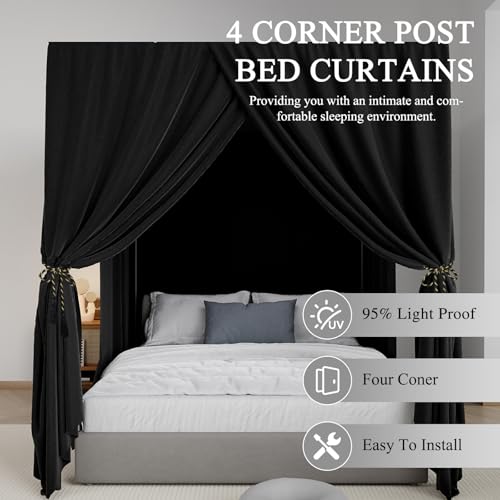 Blackout Canopy Bed Curtains - 4 Corner Post Integrated Queen Canopy