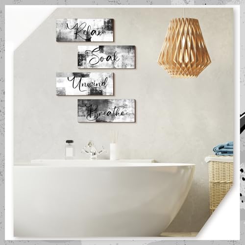 4-Piece Modern Bathroom Wall Art Set, 10x4 Inch Black and White Wooden Signs