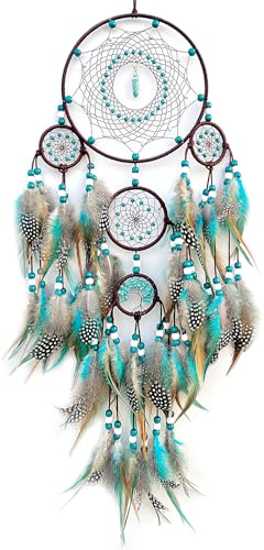 Large Boho Dream Catcher Wall Hanging, Handmade Turquoise Feather Decor