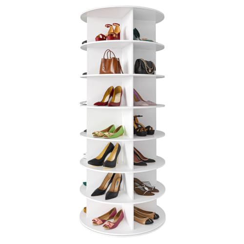 7-Tier Rotating Shoe Rack Tower Spinning Round Carousel Organizer White
