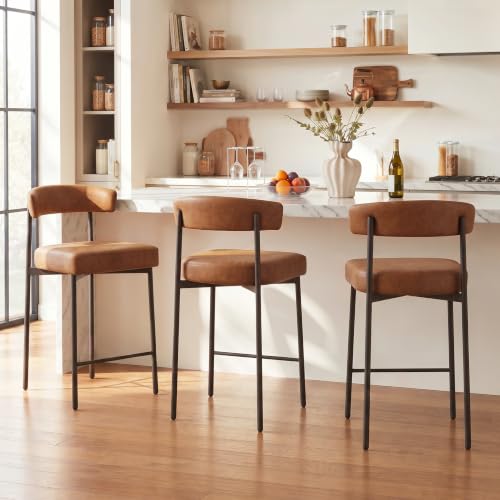24-Inch Faux Leather Counter Stools with Curved Backrest, Set of 3