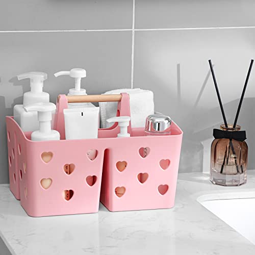 Portable Plastic Shower Caddy with Wooden Handle and Drainage Holes