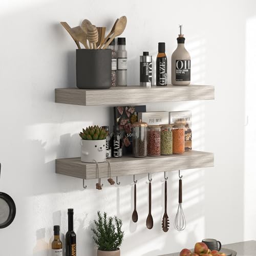 Set of 2 Rustic Grey Floating Shelves - 16-Inch Wall Mounted Wood Shelves