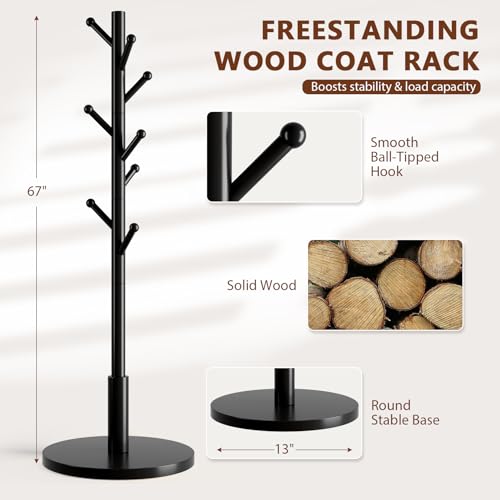 Freestanding Wooden Coat Rack with 8 Hooks & Adjustable Heights - Entryway & Bedroom Stand