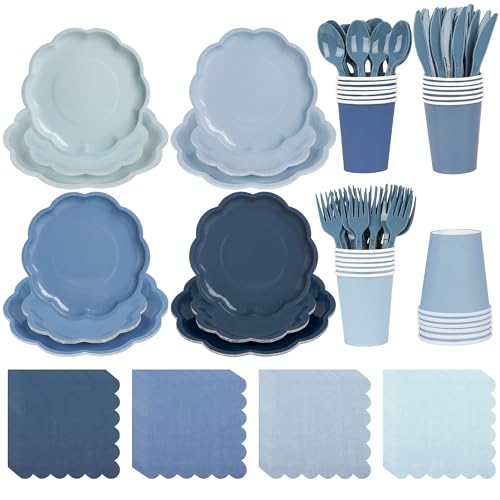 AimFun Dusty Blue Scalloped Plates & Napkins Party Set for 24 Guests (168 pcs)